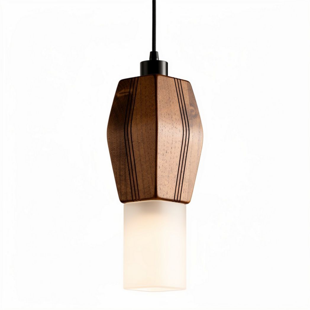 Lampa wisząca z drewna i szkła o wymiarach 10 x 10 x 25 cm